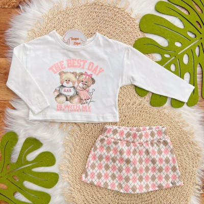 Conj. Blusa Manga Longa The Best Day e Short Saia Losango - Off White